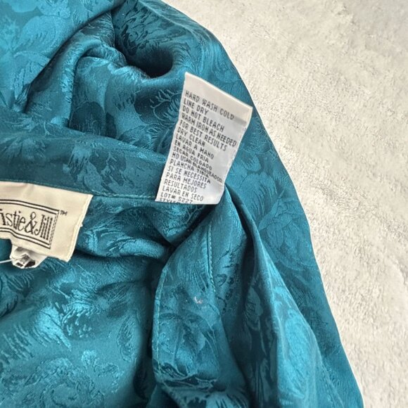 Christie & Jill Womens X-Large XL Teal Floral Jacquard Silk Button-Up Shirt New - Picture 4 of 7